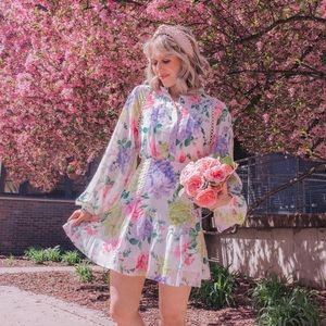 Chicwish White Floral Mini Dress with Pastel Pink, Lavender & Green Print